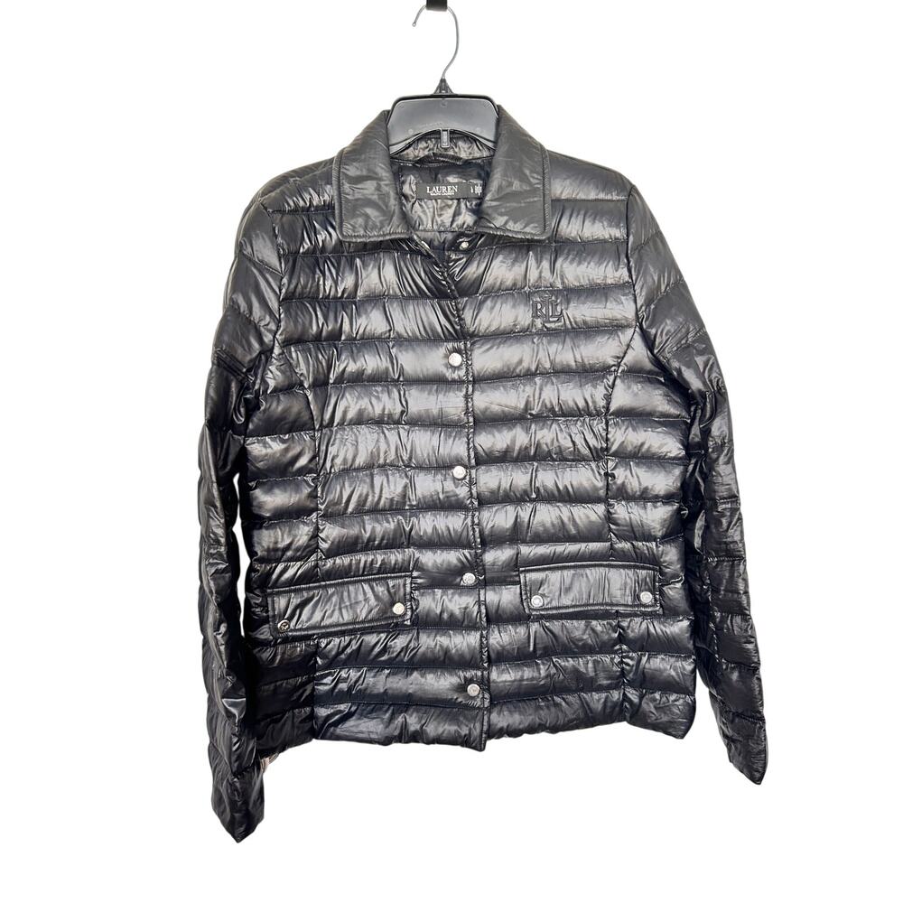 Lauren Ralph Lauren Women's down Snap Button Front Puffer Jacket Black Large